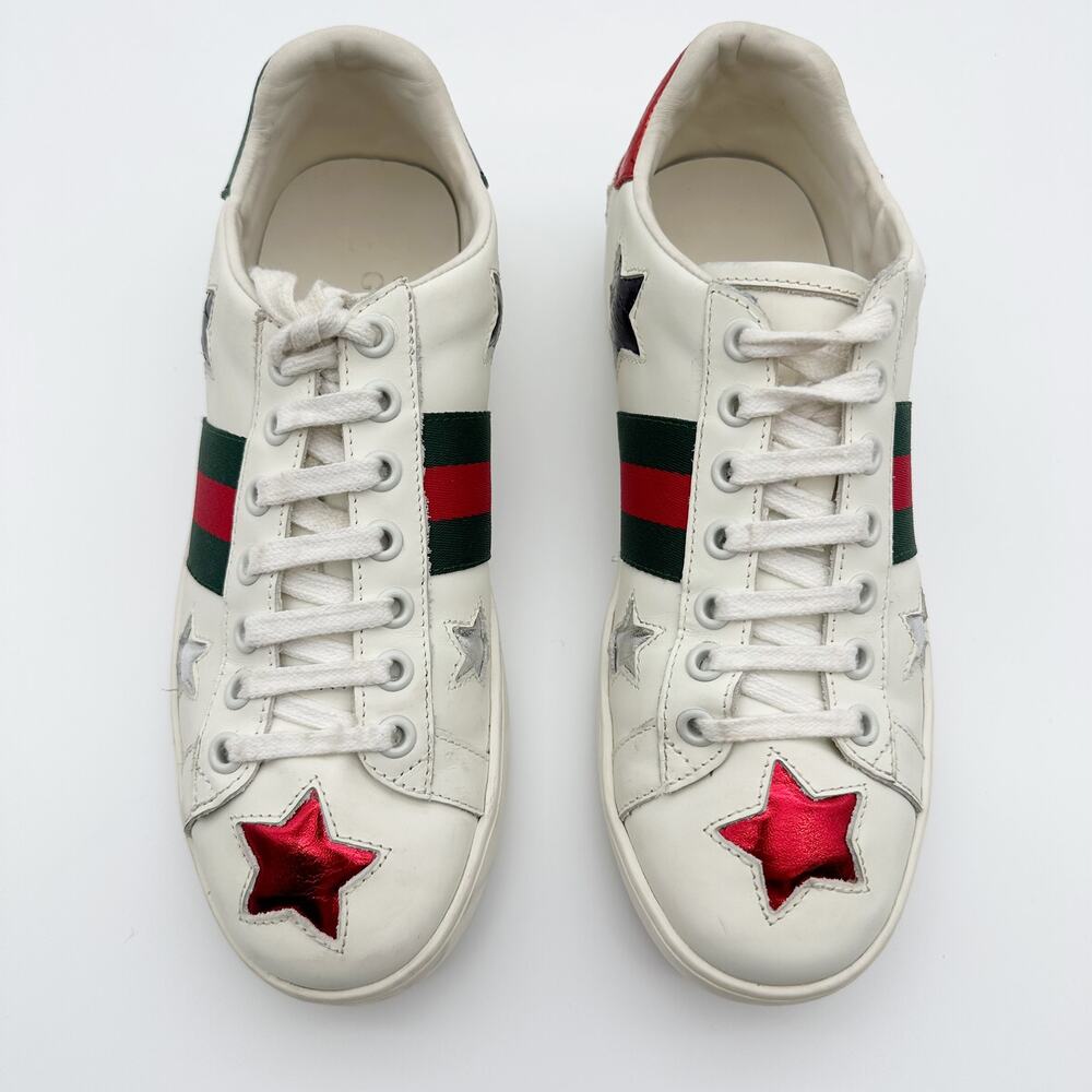 Gucci Ace White Leather Sneakers Web Stripe Metallic Star Red Green Logo Size 37